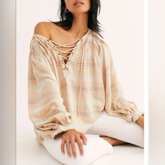 New Free  People Cloudbreaker Plaid Tunic Lace Up Ling Sleeves Top New Size XS - Picture 1 of 8